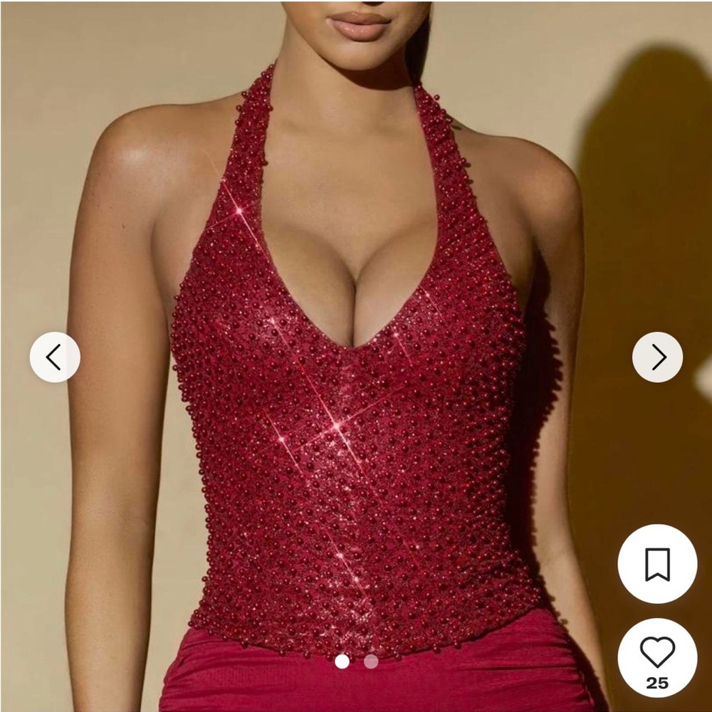 Oh Polly Red Beaded Halter Neck Blouse